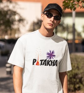 Patakha printed diwali themed unisex round neck blended white t-shirt specially for diwali festival