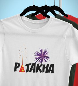 Patakha printed diwali themed unisex round neck blended white t-shirt specially for diwali festival