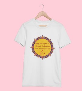 Rangoli mandala art (diya) printed diwali themed unisex round neck blended white t-shirt specially for diwali festival