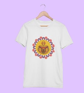 Rangoli mandala art (diya) printed diwali themed unisex round neck blended white t-shirt specially for diwali festival