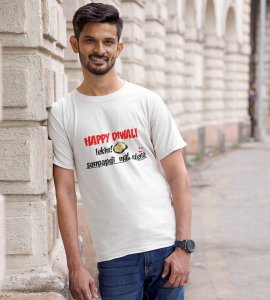 Soanpapdi mat lana printed diwali themed unisex round neck blended white t-shirt specially for diwali festival