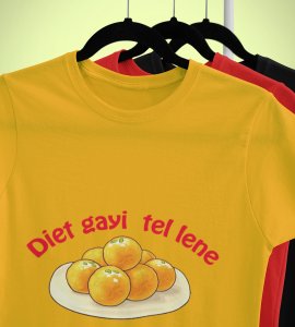 Laddoo printed diwali themed unisex round neck blended yellow t-shirt specially for diwali festival