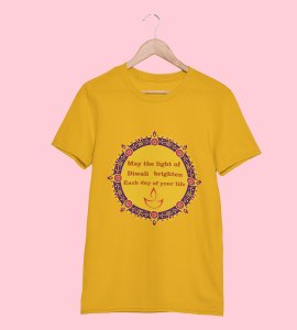 Small diyas surrounded mandala art printed diwali themed unisex round neck blended yellow t-shirt specially for diwali festival
