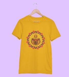Rangoli mandala art (diya) printed diwali themed unisex round neck blended yellow t-shirt specially for diwali festival