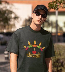Classic earthen lamp /diyas vertically bended printed diwali themed round neck green t-shirt specially for diwali festival