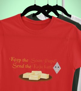 Keep the soan papdi printed diwali themed unisex round neck blended red t-shirt specially for diwali festival