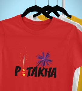 Patakha printed diwali themed unisex round neck blended red t-shirt specially for diwali festival