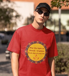 Small diyas surrounded mandala art printed diwali themed unisex round neck blended red t-shirt specially for diwali festival