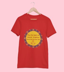 Small diyas surrounded mandala art printed diwali themed unisex round neck blended red t-shirt specially for diwali festival