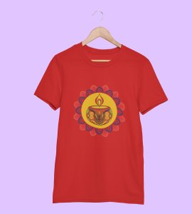 Rangoli mandala art (diya) printed diwali themed unisex round neck blended red t-shirt specially for diwali festival
