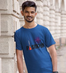Patakha printed diwali themed unisex round neck blended blue t-shirt specially for diwali festival