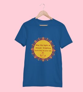 Small diyas surrounded mandala art printed diwali themed unisex round neck blended blue t-shirt specially for diwali festival