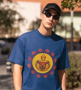 Rangoli mandala art (diya) printed diwali themed unisex round neck blended blue t-shirt specially for diwali festival