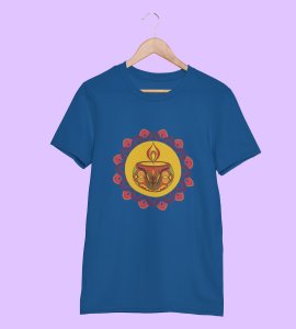 Rangoli mandala art (diya) printed diwali themed unisex round neck blended blue t-shirt specially for diwali festival