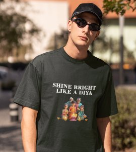 Shine bright like a diya text printed diwali themed unisex round neck blended green t-shirt specially for diwali festival