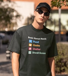 Basic human needs printed diwali themed unisex round neck blended green t-shirt specially for diwali festival