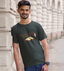 Keep the soan papdi printed diwali themed unisex round neck blended green t-shirt specially for diwali festival