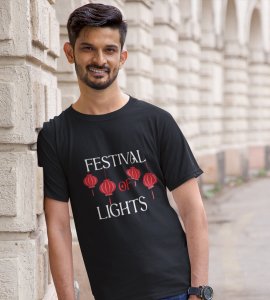 Diwali lanterns printed diwali themed unisex round neck blended black t-shirt specially for diwali festival