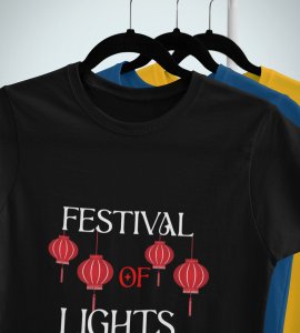 Diwali lanterns printed diwali themed unisex round neck blended black t-shirt specially for diwali festival
