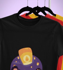 Air balloon & animated couple printed diwali themed unisex round neck blended black t-shirt specially for diwali festival