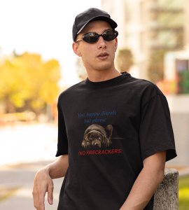 No harming animals printed diwali themed unisex round neck blended black t-shirt specially for diwali festival