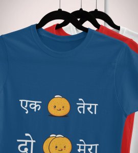 Ek laddoo tera, Do laddoo mera printed diwali themed unisex round neck blended blue t-shirt specially for diwali festival