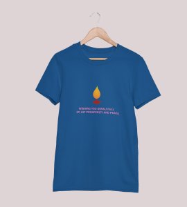 Wishing you text printed diwali themed unisex round neck blended blue t-shirt specially for diwali festival