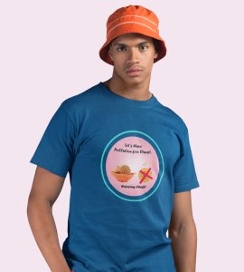 Let's have pollution free diwali printed diwali themed unisex round neck blended blue t-shirt specially for diwali festival