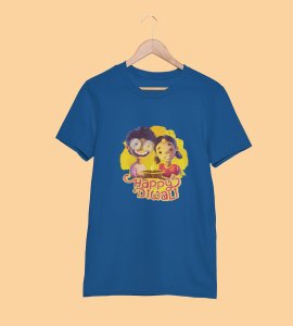 Diya light brighten with animated kids framed printed diwali themed unisex round neck blended blue t-shirt specially for diwali festival