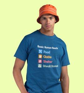 Basic human needs printed diwali themed unisex round neck blended blue t-shirt specially for diwali festival