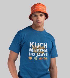 Kuch meetha ho jaye printed diwali themed unisex round neck blended blue t-shirt specially for diwali festival