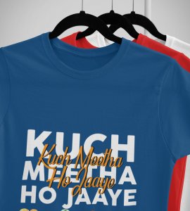 Kuch meetha ho jaye printed diwali themed unisex round neck blended blue t-shirt specially for diwali festival
