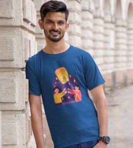 Air balloon & animated couple printed diwali themed unisex round neck blended blue t-shirt specially for diwali festival