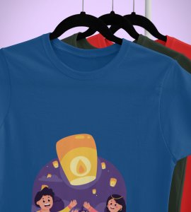 Air balloon & animated couple printed diwali themed unisex round neck blended blue t-shirt specially for diwali festival
