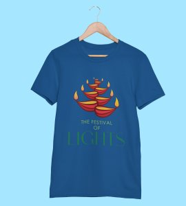 Diyas opposite wise framed printed diwali themed unisex round neck blended blue t-shirt specially for diwali festival