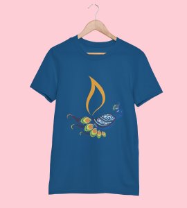 Peacock rangoli printed diwali themed unisex round neck blended blue t-shirt specially for diwali festival