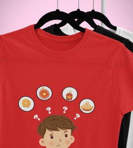 A child thinking printed diwali themed unisex round neck blended red t-shirt specially for diwali festival