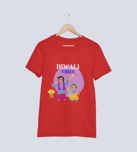 Traditional dressup combined father-daughter duo printed diwali themed unisex round neck blended red t-shirt specially for diwali festival