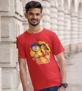 Diyas light and animated kids printed diwali themed unisex round neck blended red t-shirt specially for diwali festival