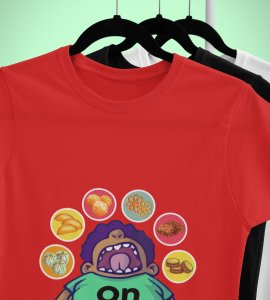 Animated fatty boy printed diwali themed unisex round neck blended red t-shirt specially for diwali festival
