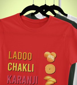 Laddoo, chakli, Karanji, repeat printed diwali themed unisex round neck blended red t-shirt specially for diwali festival