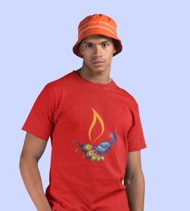 Peacock rangoli printed diwali themed unisex round neck blended red t-shirt specially for diwali festival