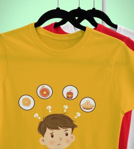 A child thinking printed diwali themed unisex round neck blended yellow t-shirt specially for diwali festival