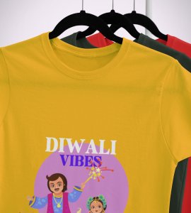 Diwali vibes printed diwali themed unisex round neck blended yellow t-shirt specially for diwali festival