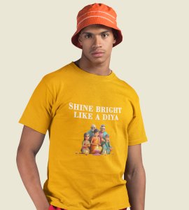 Shine bright like a diya text printed diwali themed unisex round neck blended yellow t-shirt specially for diwali festival