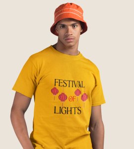 Festival of lights text printed diwali themed unisex round neck blended yellow t-shirt specially for diwali festival