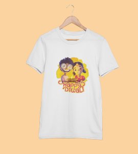 Diyas light and animated kids printed diwali themed unisex round neck blended yellow t-shirt specially for diwali festival