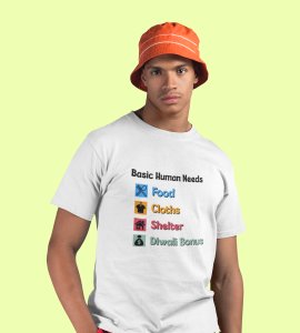 Basic human needs printed diwali themed unisex round neck blended white t-shirt specially for diwali festival