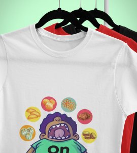 Animated fatty boy printed diwali themed unisex round neck blended white t-shirt specially for diwali festival