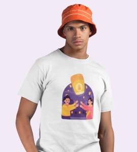 Air balloon & animated couple printed diwali themed unisex round neck blended white t-shirt specially for diwali festival